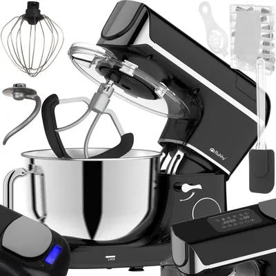 A collage of a black stand mixer and its accessories, presented on a white background.