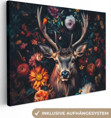 Produktbild von Leinwandbilder 40x30 cm - Tiere, Blumen - Hirsch - Natur, Bilder Wohnzimmer Modern, Wanddeko