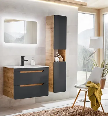 Produktbild von Badmöbel Set ARUBA COSMOS – EICHE 80 cm mit Waschbecken Matt Soft-Close Waschtisch Spiegel Hochschrank