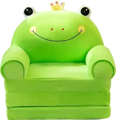 A plush frog-shaped chair for children.
