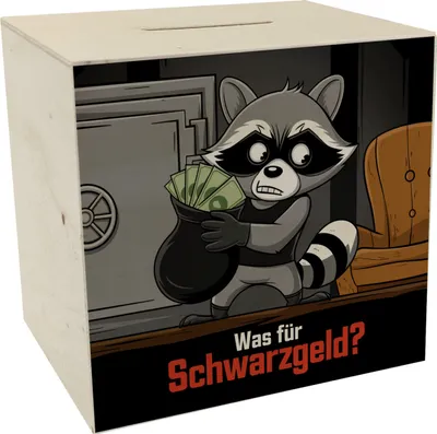 Produktbild von Schwarzgeld Spardose aus Holz mit diebischem Waschbär