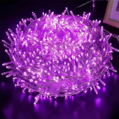 A pile of purple LED string lights.