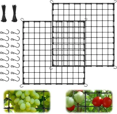 Obrázok produktu pre Záhradná sieť pre popínavé rastliny, balenie 2 ks – pružná sieť s 24 háčikmi na zeleninu, ovocie a kvety, čierna, 120 x 120 cm