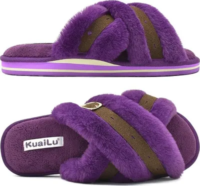 Produktbild von Damen-Hausschuhe aus Baumwolle, lila, pelzig, flauschig, mit Schnalle, Größe 41