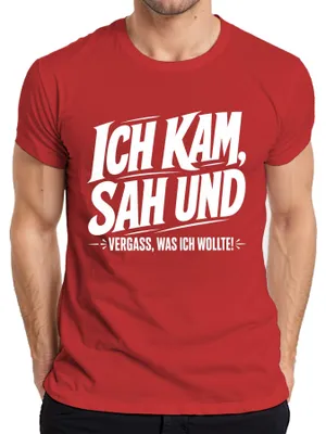 Productafbeelding van "Ik kwam, ik zag, en ik vergat wat ik wilde." Grappige opdruk, sarcastisch. Heren T-shirt, rood, maat XL