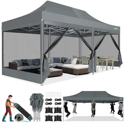 Image de Pavillon de jardin 3x6 mètres avec moustiquaire, imperméable, protection UV 50+, 6 parois, couleur grise