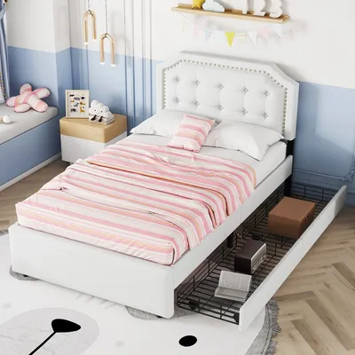 Obrázek produktu pro Čalouněná postel 90 x 200 cm, ploché lůžko, čalounění nočního stolku s ozdobnými nýty, dvojité zásuvky, světle béžová barva