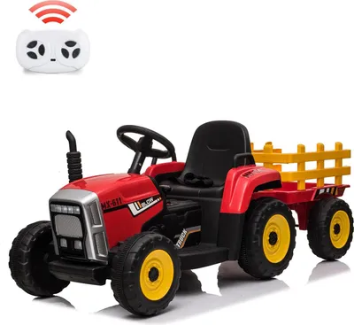 Image de Tracteur électrique pour enfants - Voiture pour enfants avec remorque - Batterie 12 V - Télécommande - 7 phares à LED - MP3 - Rouge