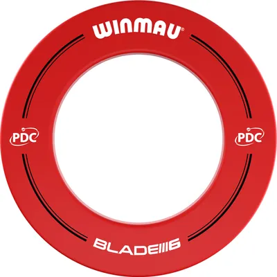 A red dartboard surround ring with white text and logos.