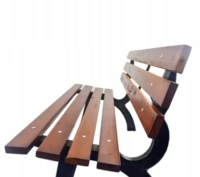 A close-up, angled view of a wooden park bench with black metal legs against a white background.