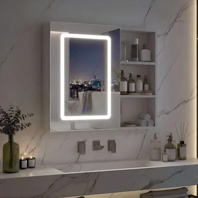 Image de Armoire miroir intelligente pour salle de bain - Meuble mural 60,2 x 60,2 x 15,2 cm - Anti-buée - Avec éclairage LED - Avec portes - Espace de rangement - Blanc