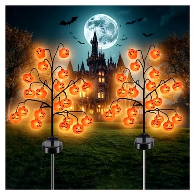 Produktbild von Halloween Solarlampen für den Außenbereich, 2 Stück mit 20 LEDs in Kürbisform, 2 Beleuchtungsmodi, wasserdicht