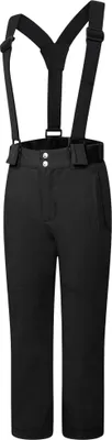 A pair of black ski pants with suspenders, shown front-on against a white background.