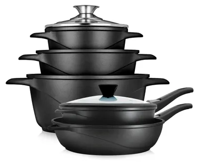 Produktbild von Briebe MGK1819 Kochtopf Set Induktions 10-Teilig Aluminiumguss 3 Kochtöpfen 2 Bratpfanne Schwarz