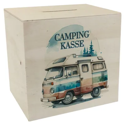 Produktbild von Campingwagen Spardose aus Holz mit Spruch Campingkasse