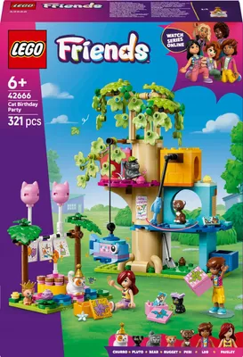 Productafbeelding van LEGO Friends Verjaardagsfeestje van Kat en Boomhuis - Speelset met een draaitafel, piñata en leuk accessoires, plus 2 mini-poppetjes en 5 dierenfiguren, inclusief churros - Set voor meisjes vanaf 6 jaar - 42666