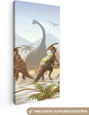Produktbild von MuchoWow® - Leinwandbilder - Dinosaurier - Landschaft - Tropisch - Kinder - Jungen, Wandbild, Wanddeko Bilder Wohnzimmer, 20x40cm