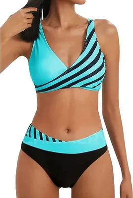 Produktbild von ASKSA Damen Bikini Set Push Up Zweiteiliger Streifen High Waist Badeanzug Sport Bademode, Himmelblau, XL