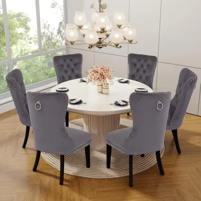 Productafbeelding van Puluomis eethoekstoelen, set van 6, fluweel, keukenstoel, gestoffeerde stoel, fauteuil voor de eethoek met massief houten poten en nageldetails, elegant en stijlvol, grijs