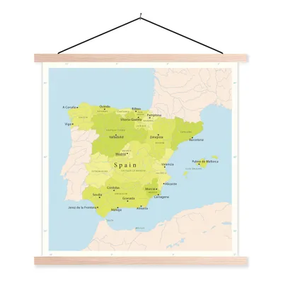 Produktbild von MuchoWow® Textilposter Illustration einer Karte mit Spanien in grün 120x120 cm mit holzfarbenen Rahmen - Textil-Poster