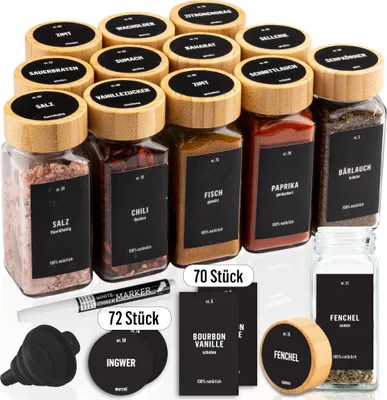 Produktbild von 12er Set - DECO HAUS Gewürzdosen mit Bambusdeckel - Verschiedene Streuaufsätze, Trichter, Pinsel, Etiketten & Kreidestift -120 ml, 10,5 x 4,3 cm