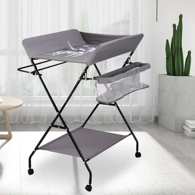 Image de Table à langer pliante - Commode mobile - Pour le soin des bébés - Réglable en hauteur - 80 x 63 x 96 cm - Gris