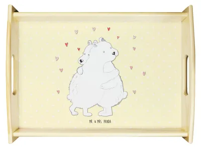 Produktbild von Mr. & Mrs. Panda Tablett Eisbär Umarmen - Gelb Pastell - Geschenk, Holztablett, serviertablett aus holz, für bett, Deko, Lustige Sprüche, Bett-Tablett
