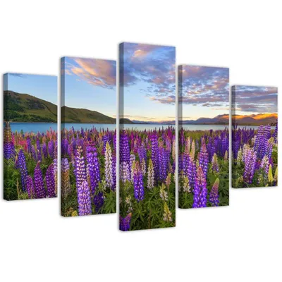 Produktbild von 5-teiliges leinwandbild duft von lavendel 150x100 cm Feeby lila wandbild bereit zum aufhängen