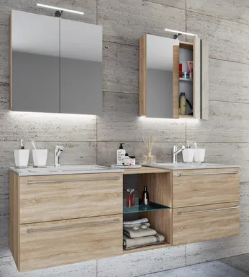 Produktbild von VCM 3-tlg. Set | 2 Waschtisch, 2 Spiegelschrank, 2 Waschbecken, 1 Mittelfach | Keramik Waschbecken | Unterschrank 195 cm | Badmöbel Set Doppel Waschplatz - Badinos XXL