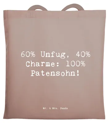 Produktbild von Mr. & Mrs. Panda Shopping Tasche Spruch Patensohn Charme - Braun Pastell - Geschenk, einzigartige Designs, Büchertasche, Schultasche, Laptoptasche, Taufpate, Patenschaft