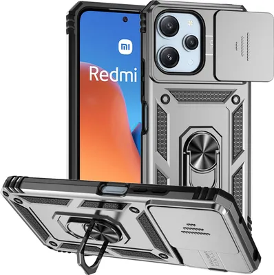 Produktbild von Pouzdro pro Xiaomi Poco M6 Pro 5G/Redmi 12/Redmi 12 5G dvouvrstvé pouzdro s posuvným krytem kamery a prstencovým stojánkem Stříbro