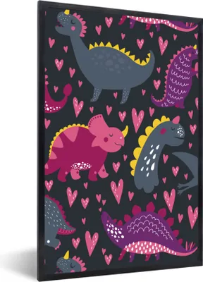 Produktbild von MuchoWow® MuchoWow® Gerahmtes Poster Dinosaurier - Kind - Muster - Rosa - Mädchen 60x90 cm - Poster mit zchwarzem Bilderrahmen - Kunst