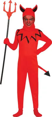Produktbild von Dämon Kostüm Rot Schwarz Kapuze Schwanz Halloween Kinder Teufel Abenteuer Fantasie Kapuzenkostüm, Größe: 140/146 Farbe: Rot