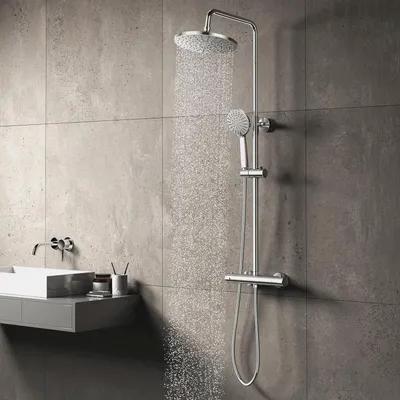Produktbild von Duschsystem mit Thermostat, Duscharmatur mit Thermostat, 23 x 23 cm Regendusche, 5 Strahlarten Handbrause, Duschstange Edelstahl Regenwalddusche Komplett für Duscheset, Chrom (style2)