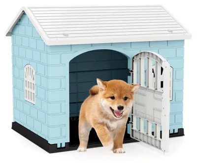 Produktbild von Hundehütte für den Außenbereich, wetterfest mit abschließbarer Tür, 3 Fenster, geneigtem Dach, Hundekäfig für den Innenbereich, Haustierhaus für kleine bis mittelgroße Hunde und Katzen (Blau)