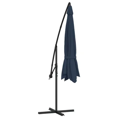 A closed navy blue cantilever umbrella on a black stand, isolated on a white background.