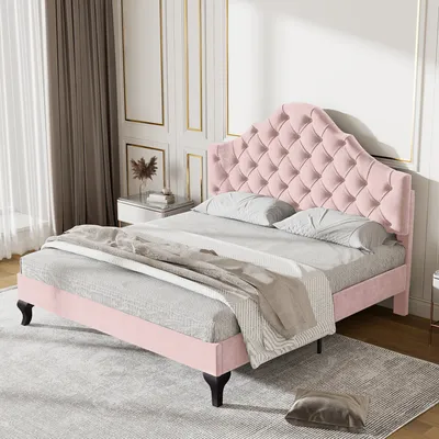 Produktbild von MODFU Polsterbett 140 x 200 cm mit höhenverstellbarem Kopfteil und Lattenrost, Doppelbett Jugendbett aus Samt und Massivholz(Ohne Matratze), Rosa