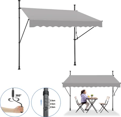 A collage showing a gray awning, a close-up of a crank mechanism, and a scene with a girl sitting at a table under the awning.