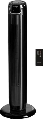 A black tower fan and its remote control are shown against a white background.