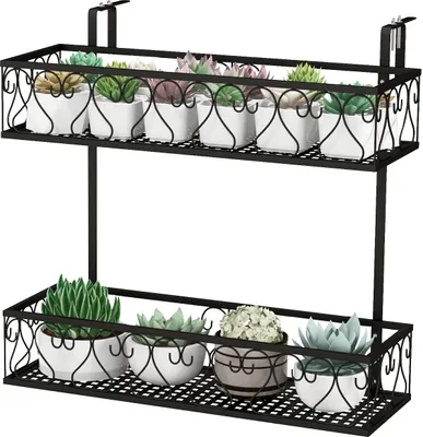 Produktbild von GOPLUS 2-stöckiges hängendes Blumenregal, Balkongeländerkorb Metall mit verstellbaren Haken, Blumentopfhalter Topfpflanzenbehälter für Balkon & Veranda