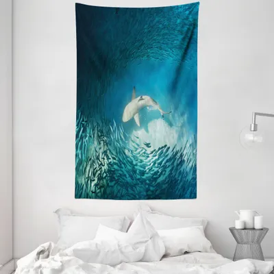 Produktbild von ABAKUHAUS Fisch Wandteppich und Tagesdecke, Tiere Teal Wildlife aus Weiches Mikrofaser Stoff Waschbar ohne Verblassen Digitaldruck, 140 x 230 cm, Teal Beige