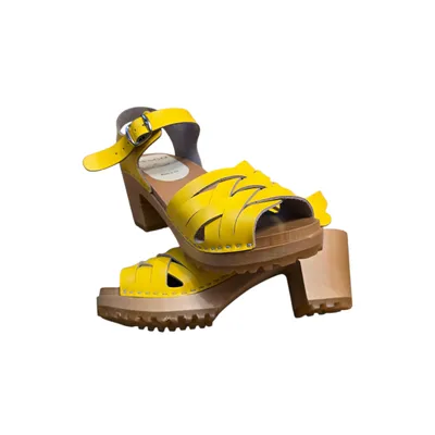 Produktbild von Damen Holzsandalen Gelb aus Leder – Handgemachte Clogs mit Absatz und Holzsohle – Sommer Sandalen – Größe 36 EU