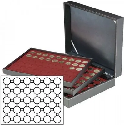Produktbild von Lindner 2365-2937E Münzkassette NERA XL mit 3 Tableaus und dunkelroten Münzeinlagen für 90 Münzkapseln mit Außen-Ø 37 mm, z.B. für orig. verkapselte deutsche 20 Euro-/10 Euro-Silbermünzen in Spiegelglanz
