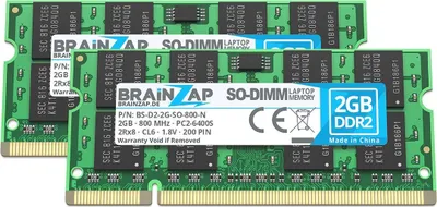 Produktbild von BRAINZAP 4GB DDR2 RAM SO-DIMM PC2-6400S 2Rx8 800 MHz 1.8V CL6 Notebook Laptop Arbeitsspeicher (2x 2GB)