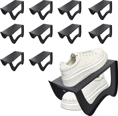 Produktbild von JOIEYOU 10 Stück Schuhstapler PP Anti-rutsch Schuhschlitz Schuhregale Platzsparend Schuh Organizer Schuhaufbewahrung Doppelschicht Schuhorganizer Schrank, Schwarz