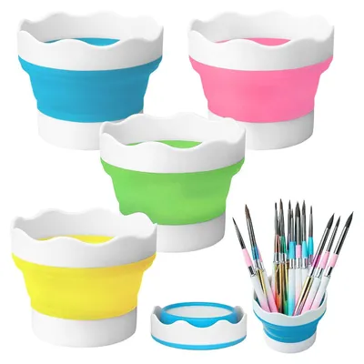 Image de Gobelets de nettoyage pour pinceaux pliables - En silicone - Pour le nettoyage des pinceaux et l'eau - Lot de 4