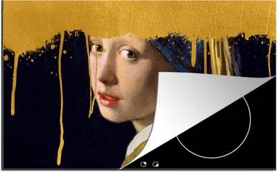 Produktbild von KitchenYeah© Herdabdeckplatte Mädchen mit einem Perlenohrring - Gold - Vermeer , 89x51cm, Küche Deko, Glaskeramikkochfeld Herdabdeckung, Abdeckplatte fùr Kochfeld