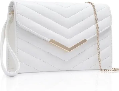 Productafbeelding van Elegante Witte Vegan Leren Clutch met Polssteun en Ketting voor Avond, Bruiloft en Feestjes - Stijlvolle Schouder- en Crossbodytas 23x16 cm