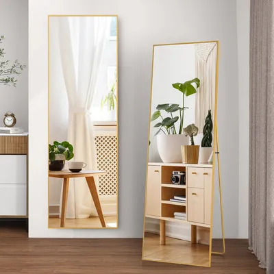 Produktbild von Ganzkörperspiegel - Standspiegel - Rechteckig - Metallrahmen - Wandspiegel - Glas - 164 × 54 cm - Gold