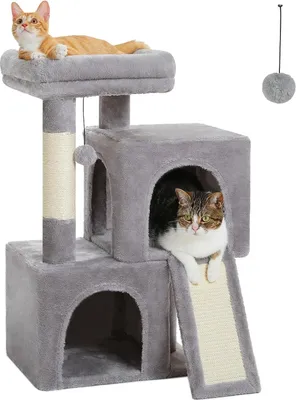 Image de Arbre à chat Kratzbaum, 77 cm de hauteur, avec 2 maisons pour chats, surface de repos, couleur grise, pour chats